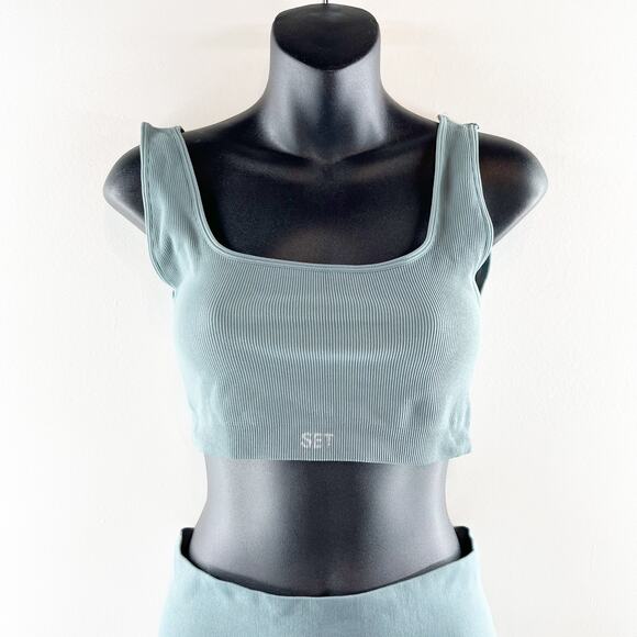 SET Active Sculptflex Power Ribbed Sports Bra Bike Short Set Muted Blue Large - Picture 6 of 8